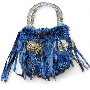 Whimsical Knit Purse | Enchanted Blue w/ Gold Accents Boho Ethereal Tassels